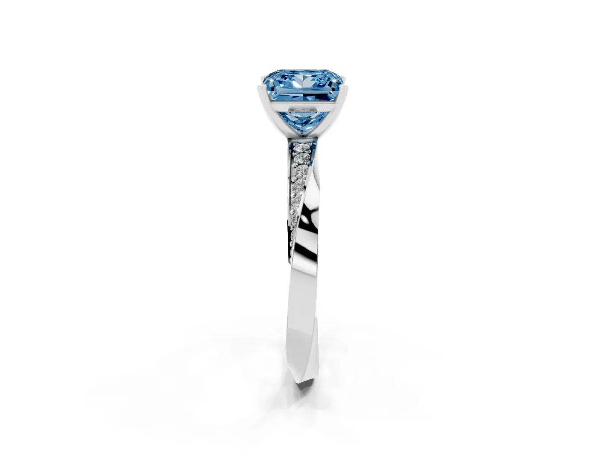Fancy Blue Princess Cut Diamond Engagement Ring with Side Stone Accents and Four-Prong Setting Platinum