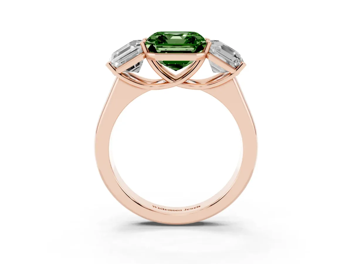 Fancy Green Asscher Cut Three-Stone Diamond Ring with Prong Setting on a Classic Band Rose gold