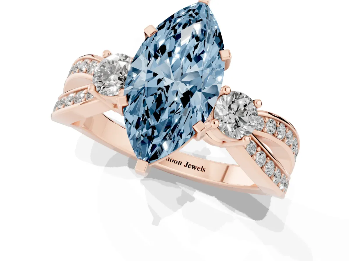 Fancy Blue Three-Stone Marquise Cut Cut Diamond Twist Band with Prong Setting Rose gold
