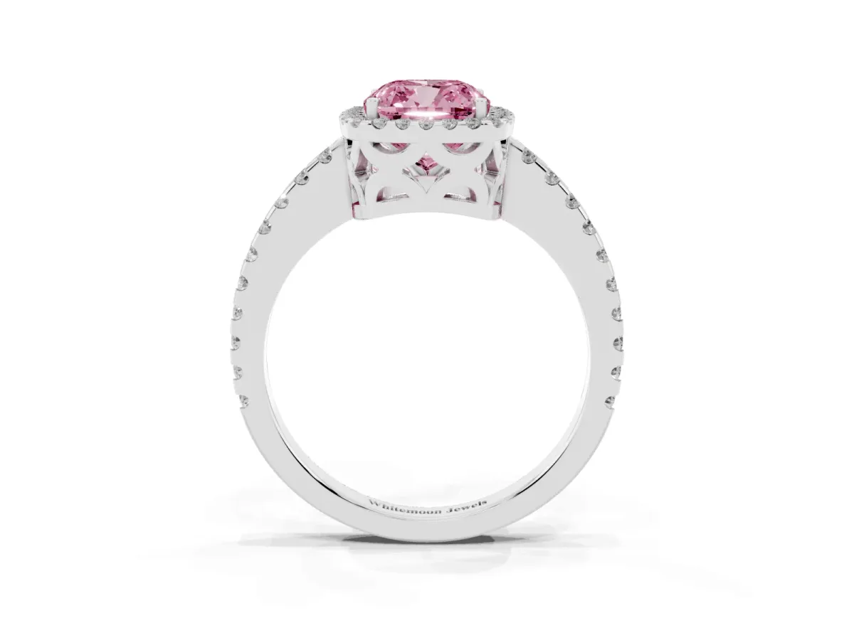 Fancy Pink Cushion Cut Diamond Halo Engagement Ring with Pavé Band and Prong Setting Silver