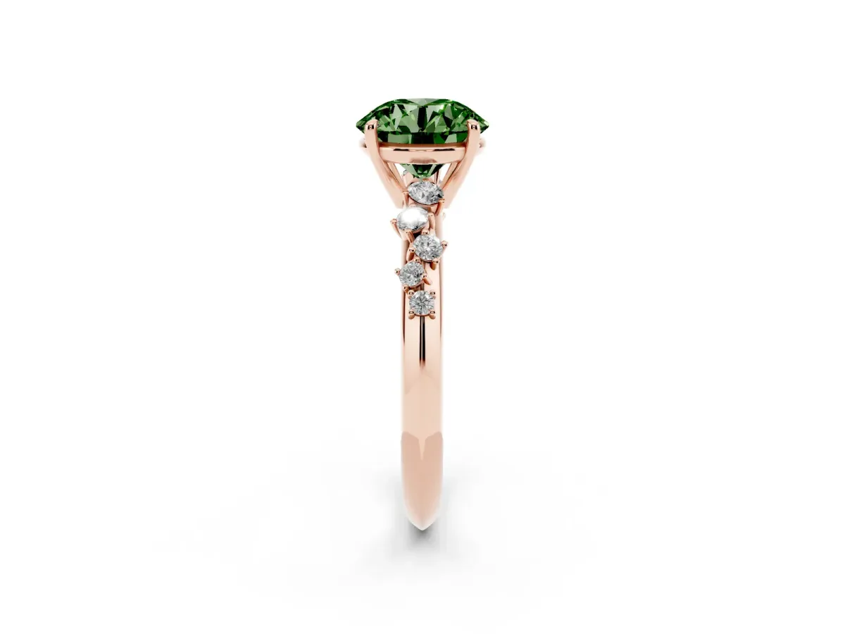 Fancy Green Round Cut Diamond Cluster Side Stone Solitaire Ring with Prong Setting Rose gold