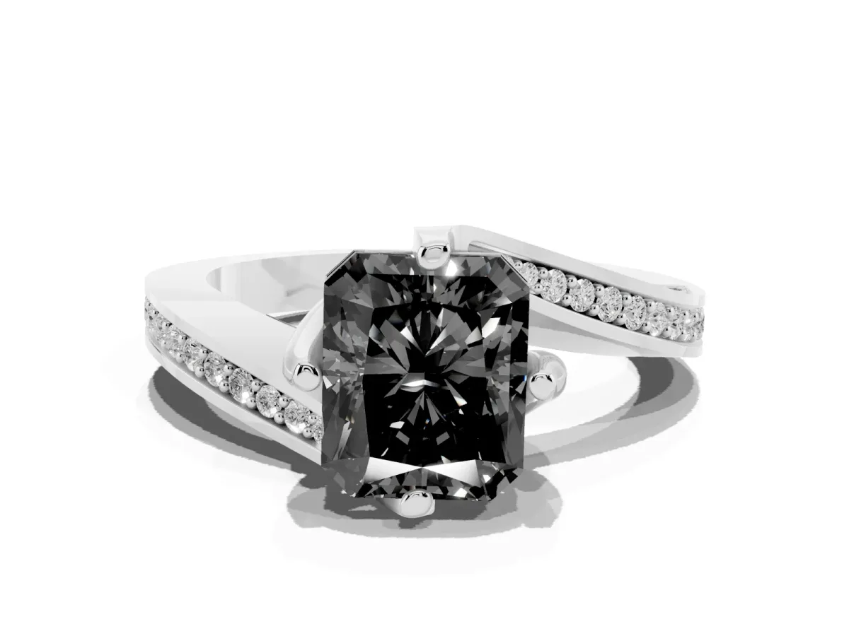 Fancy Black Radiant Cut Solitaire Diamond Twist Band with Pavé Setting and Four-Prong Setting Silver