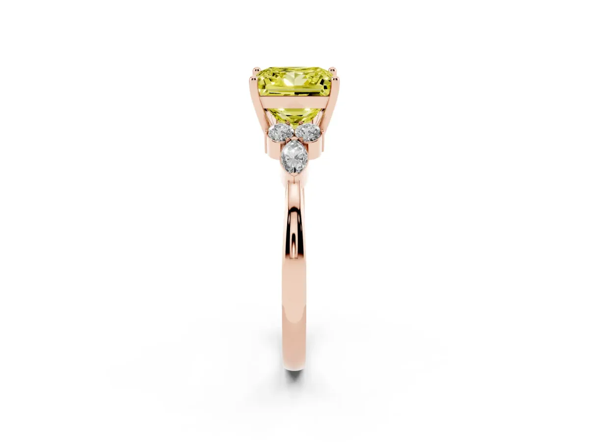 Fancy Yellow Princess Cut Brilliant Diamond Solitaire Ring with Pear Side Stones and Four-Prong Setting Rose gold