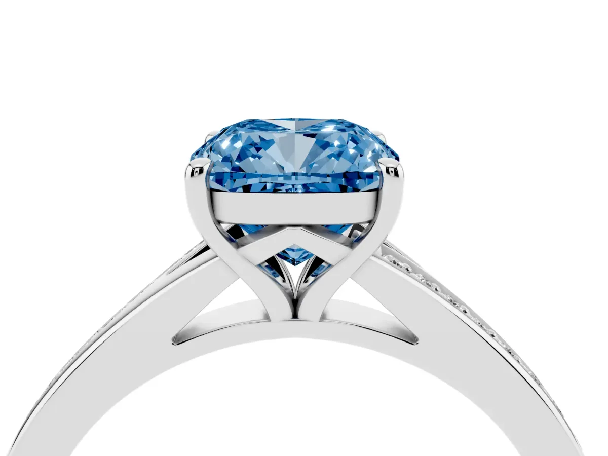 Fancy Blue Cushion Cut Diamond Solitaire Ring with Pavé Band and Prong Setting Silver