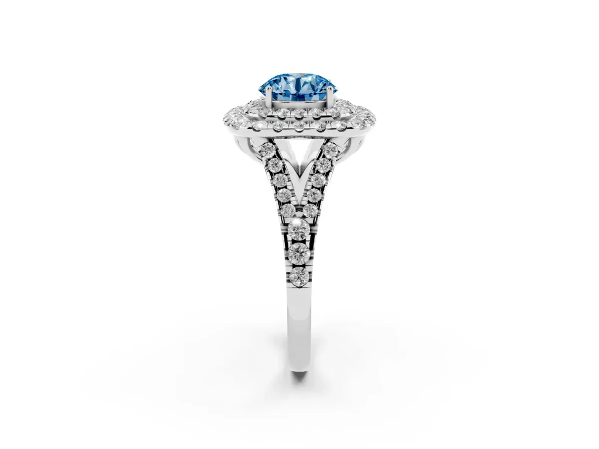 Fancy Blue Double Halo Round Cut Diamond Pavé Split Shank Ring with Prong Setting White gold