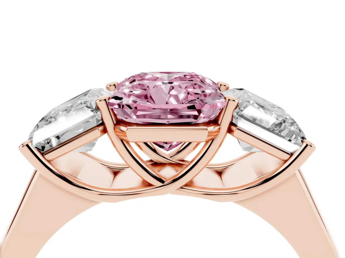 Fancy Pink Radiant Cut Three-Stone Diamond Ring with Prong Setting on a Classic Band Rose gold