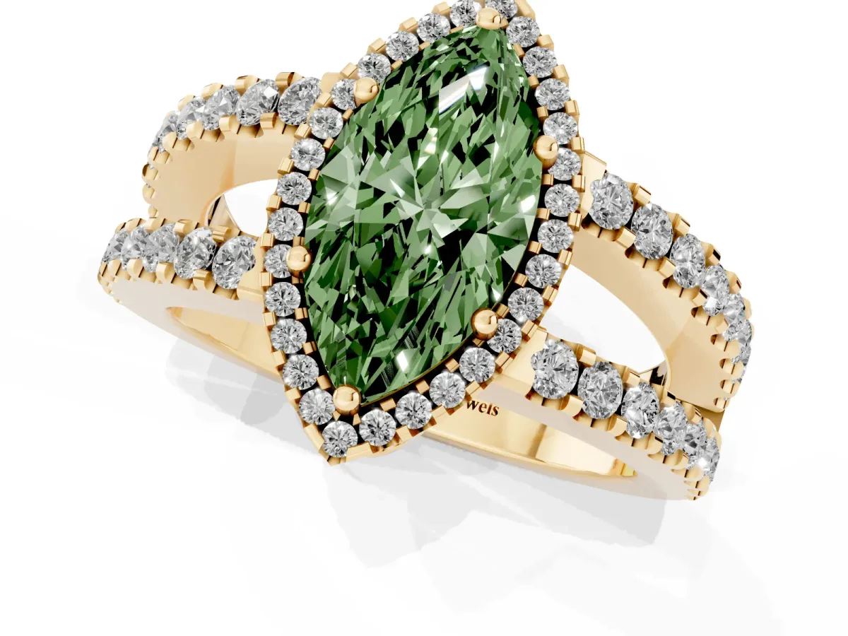 Fancy Green Marquise Cut Cut Halo Split Shank Diamond Ring with Four-Prong Setting Yellow gold