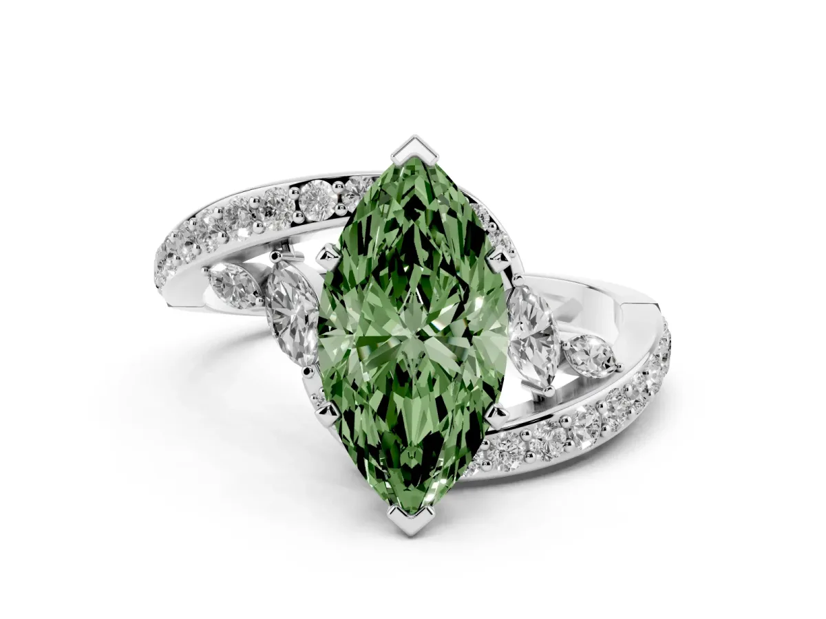 Fancy Green Marquise Cut Solitaire with Pavé Twist Band and Four-Prong Setting White gold