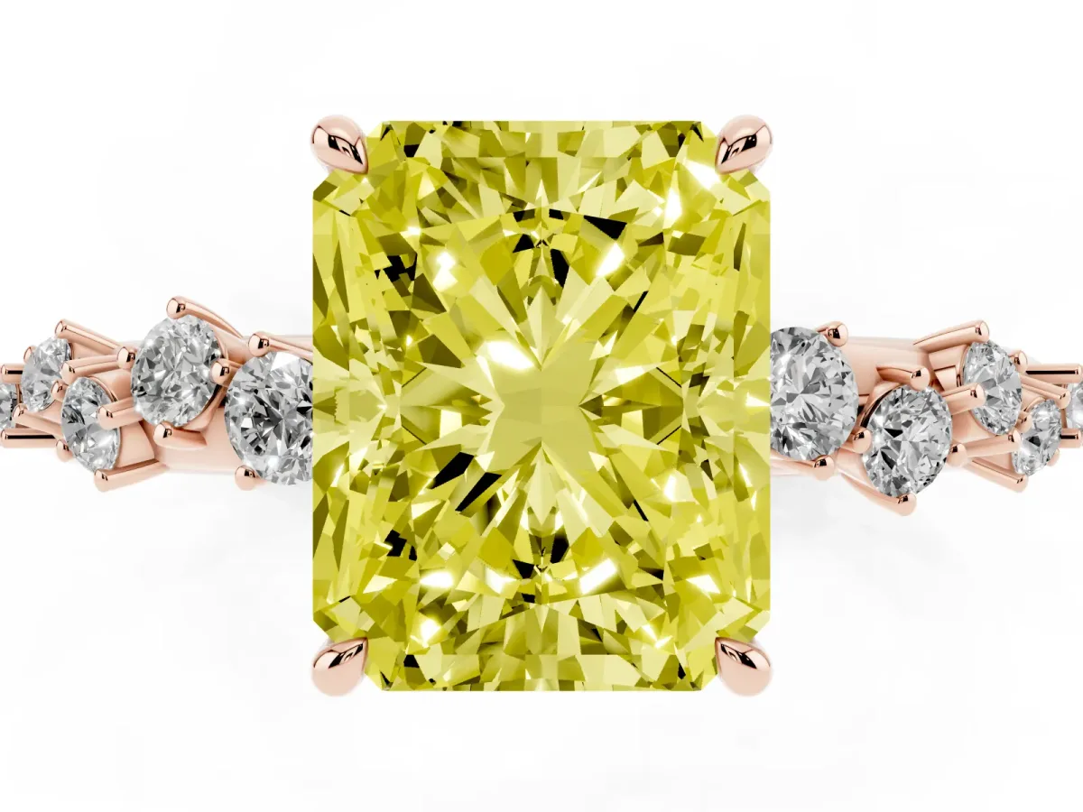 Fancy Yellow Radiant Cut Diamond Cluster Side Stone Solitaire Ring with Prong Setting Rose gold