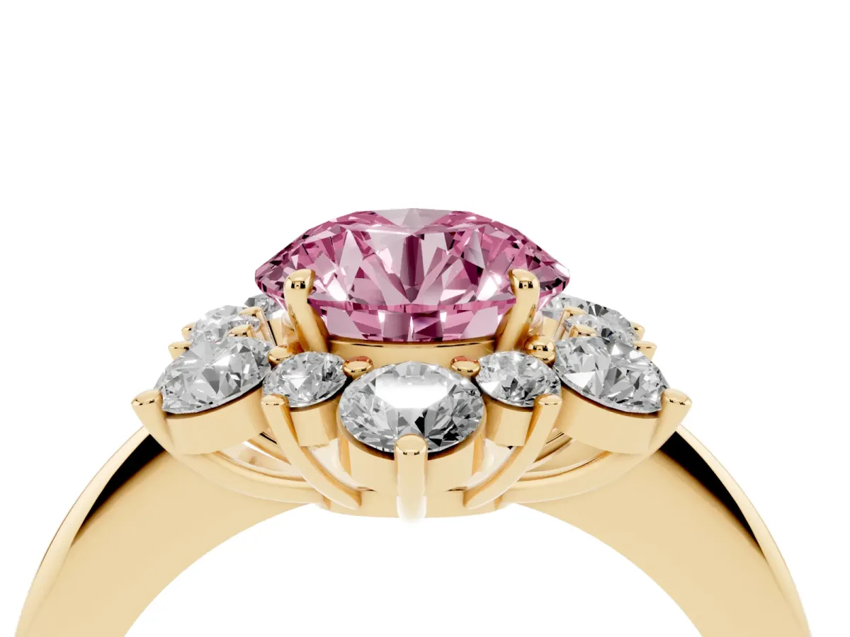 Fancy Pink Round Cut Diamond Cluster Halo Ring with Solitaire Band and Four-Prong Setting Yellow gold