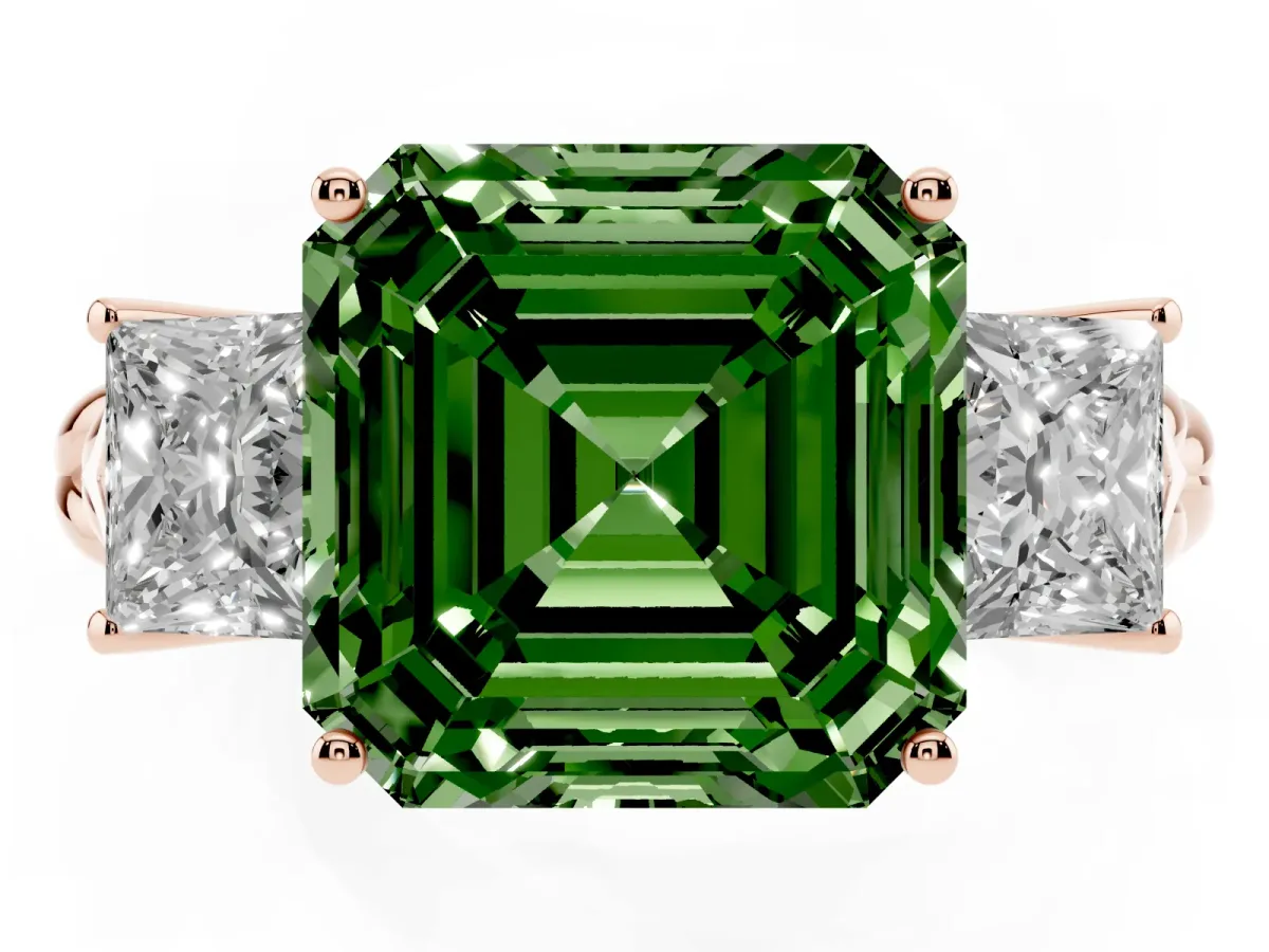 Fancy Green Three-Stone Asscher Cut Diamond Braided Band Ring with Four-Prong Setting Rose gold