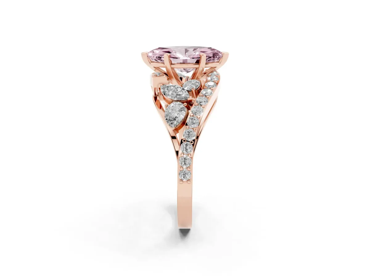 Fancy Pink Marquise Cut Diamond Halo Ring with Marquise and Pavé Band in Prong Setting Rose gold