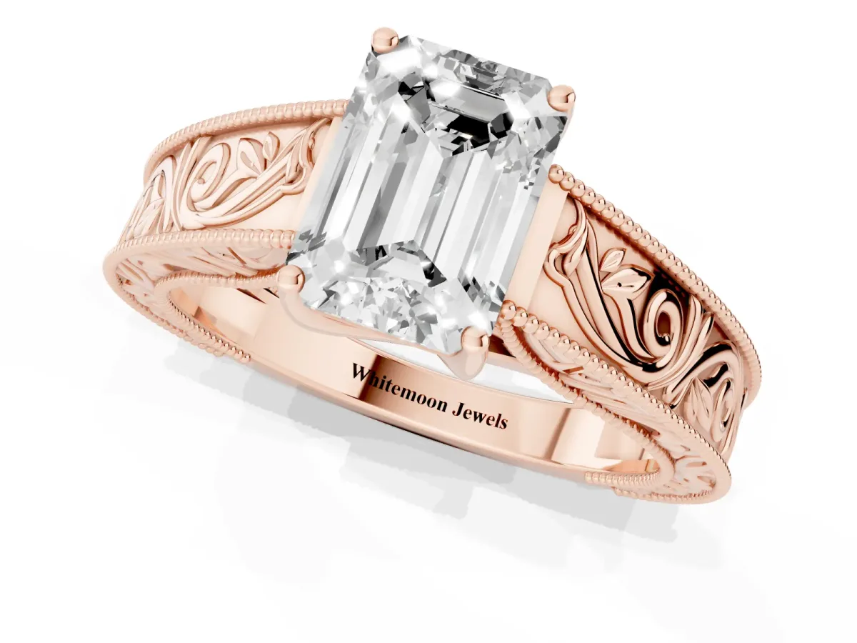 Emerald Cut Diamond Solitaire Ring with Engraved Band and Four-Prong Setting Rose gold