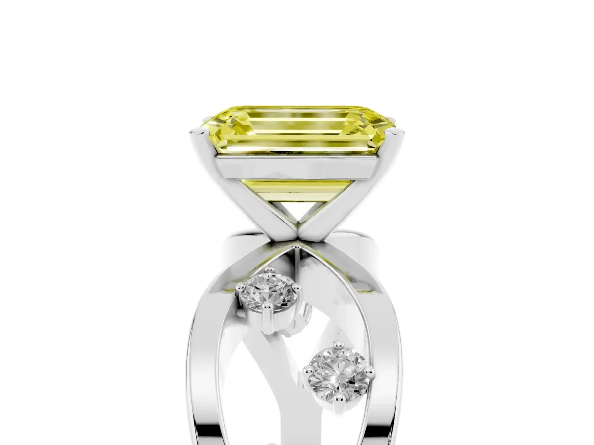 Fancy Yellow Emerald Cut Cut Solitaire Diamond with Side Stones on Criss-Cross Band and Four-Prong Setting Silver