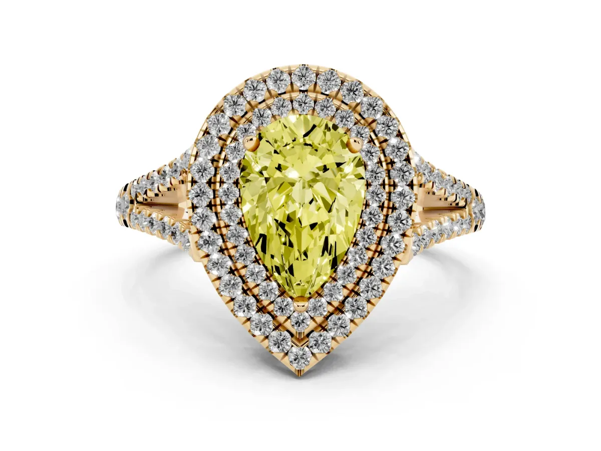 Fancy Yellow Pear Cut Diamond Double Halo Ring with Pavé Band and Prong Setting Yellow gold