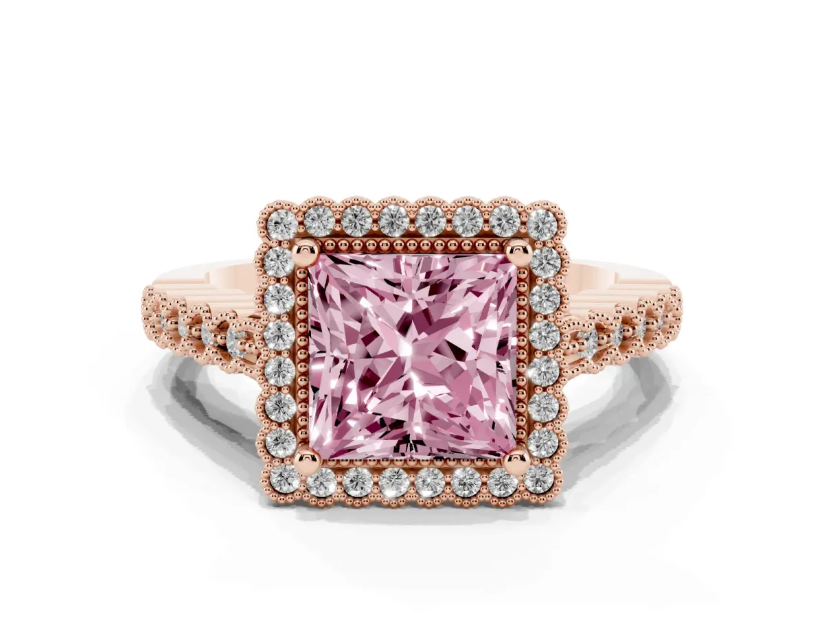 Fancy Pink Princess Cut Cut Halo Pavé Solitaire Ring with Milgrain Band Rose gold
