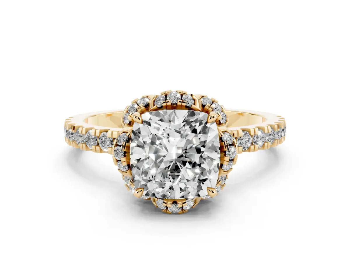 Cushion Cut Halo Diamond Pave Band Ring with Four-Prong Setting Yellow gold