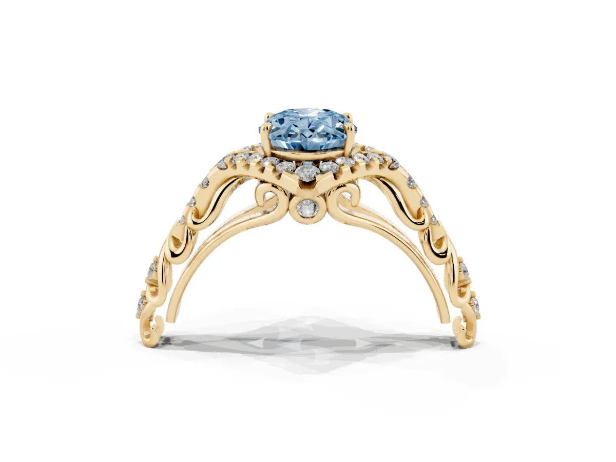 Fancy Blue Oval Cut Diamond Solitaire Ring with Hidden Halo and Pavé Band Yellow gold