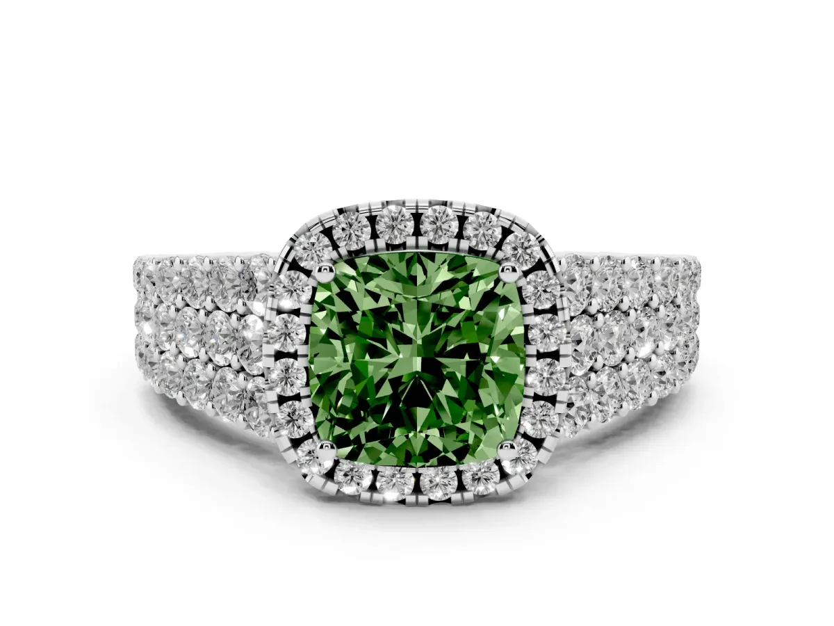 Fancy Green Cushion Cut Diamond Halo Engagement Ring with Triple Row Round Pavé Band and Prong Setting White gold