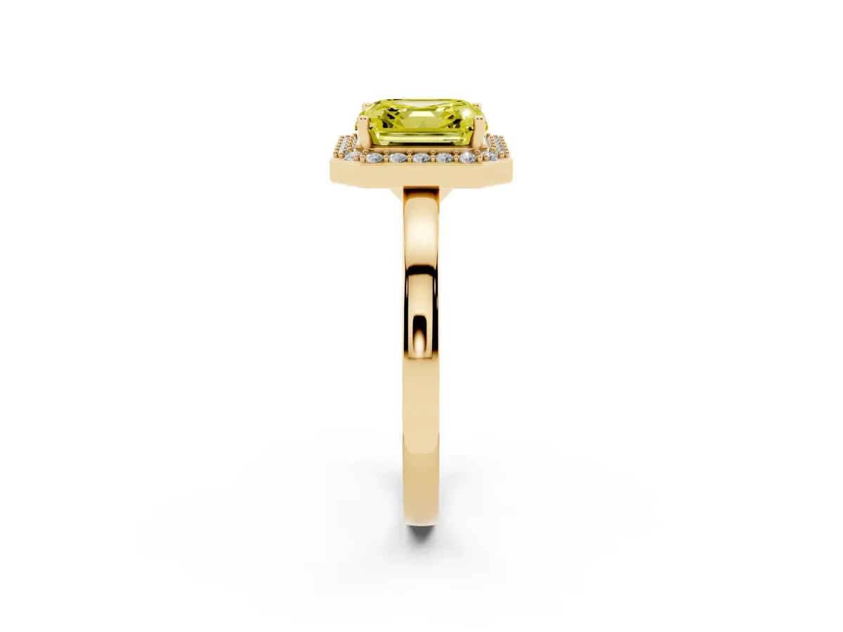 Fancy Yellow Asscher Cut Halo Diamond Ring with Solitaire Band and Prong Setting Yellow gold