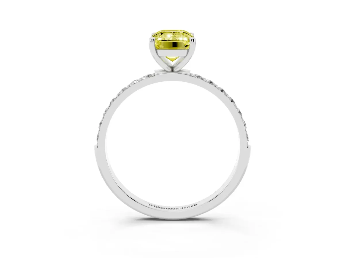 Fancy Yellow Emerald Cut Diamond Solitaire Ring with Round Pavé Shoulders and Prong Setting Platinum