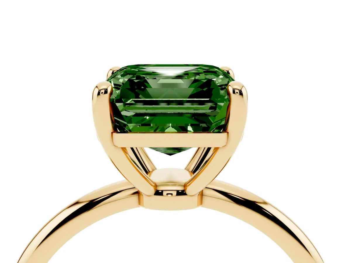 Fancy Green Asscher Cut Solitaire Diamond Ring with 4-Prong Setting on a Classic Band Yellow gold