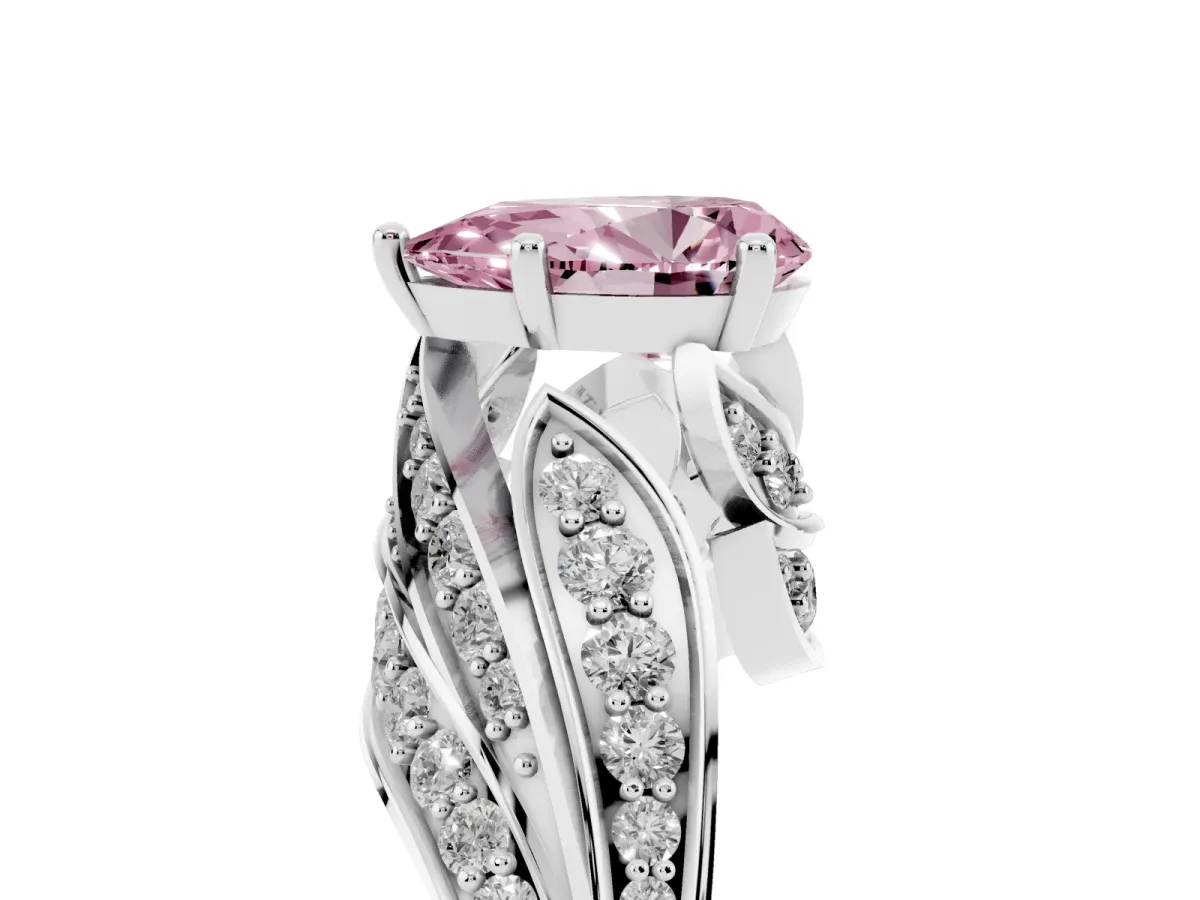 Fancy Pink Pear Cut Diamond Solitaire Ring with Prong Setting and Twisted Pavé Band Silver