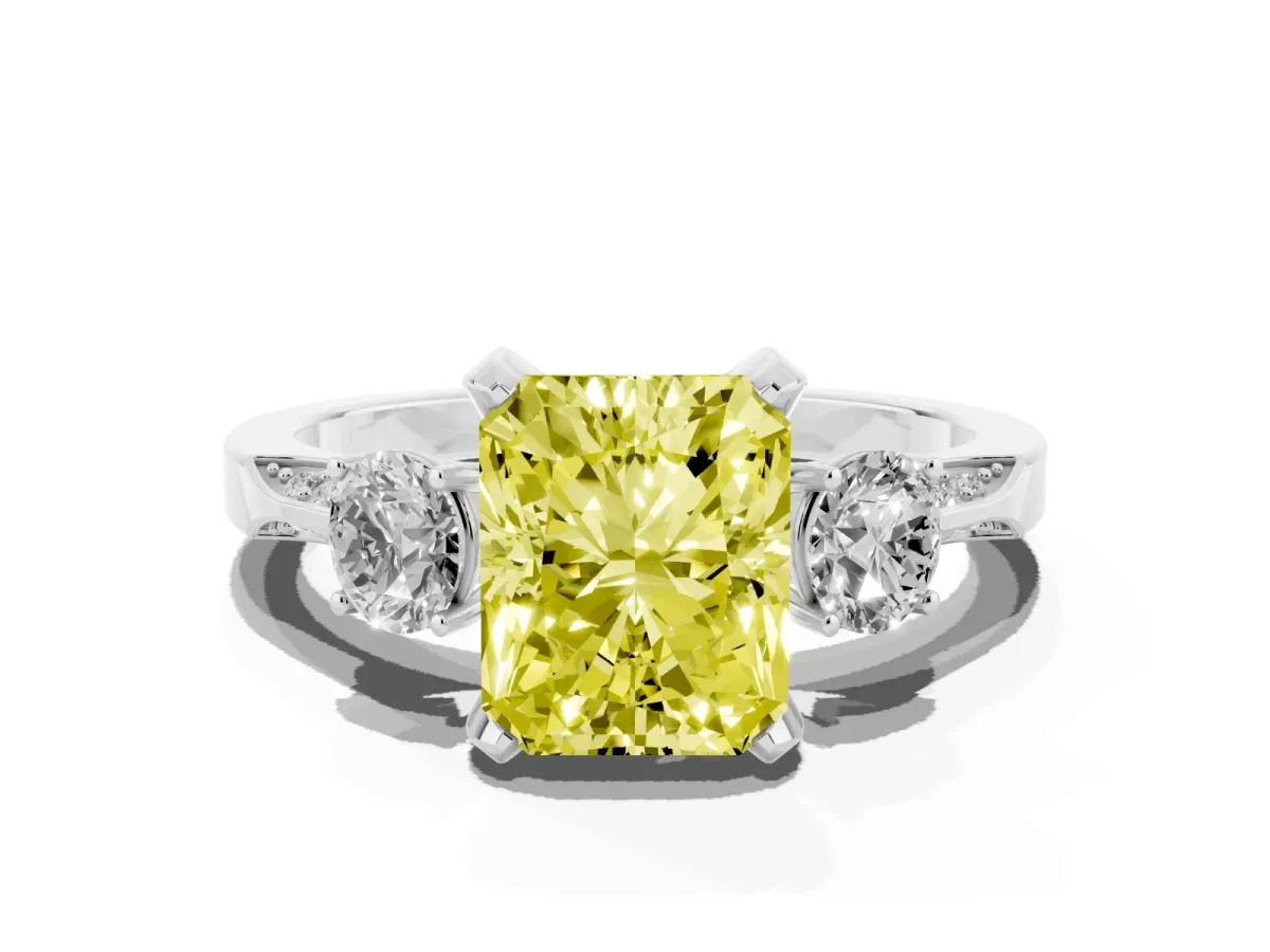 Fancy Yellow Radiant Cut Brilliant Three-Stone Diamond Ring with Pavé Band and Four-Prong Setting White gold