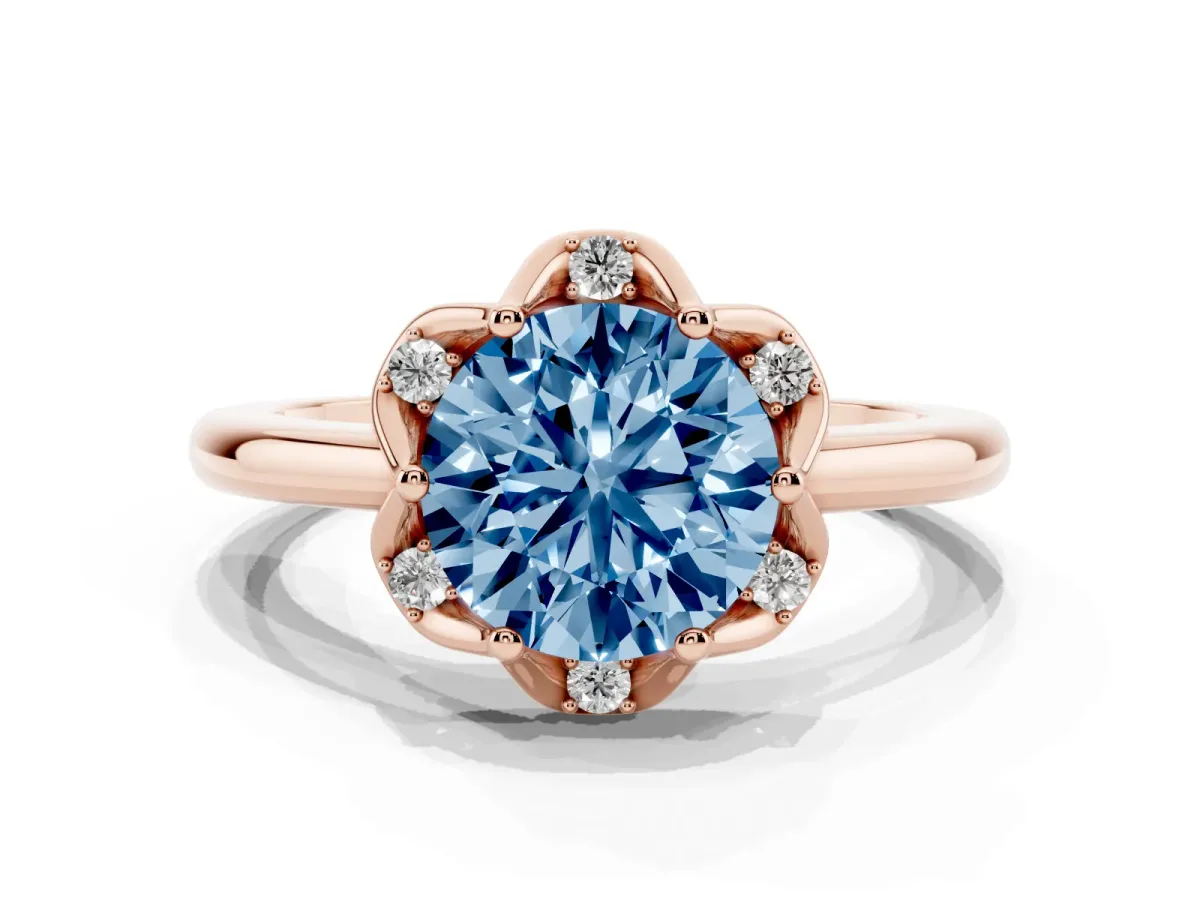Fancy Blue Round Cut Halo Diamond Ring with Round Cluster Setting, Solitaire Band, and Four-Prong Setting Rose gold