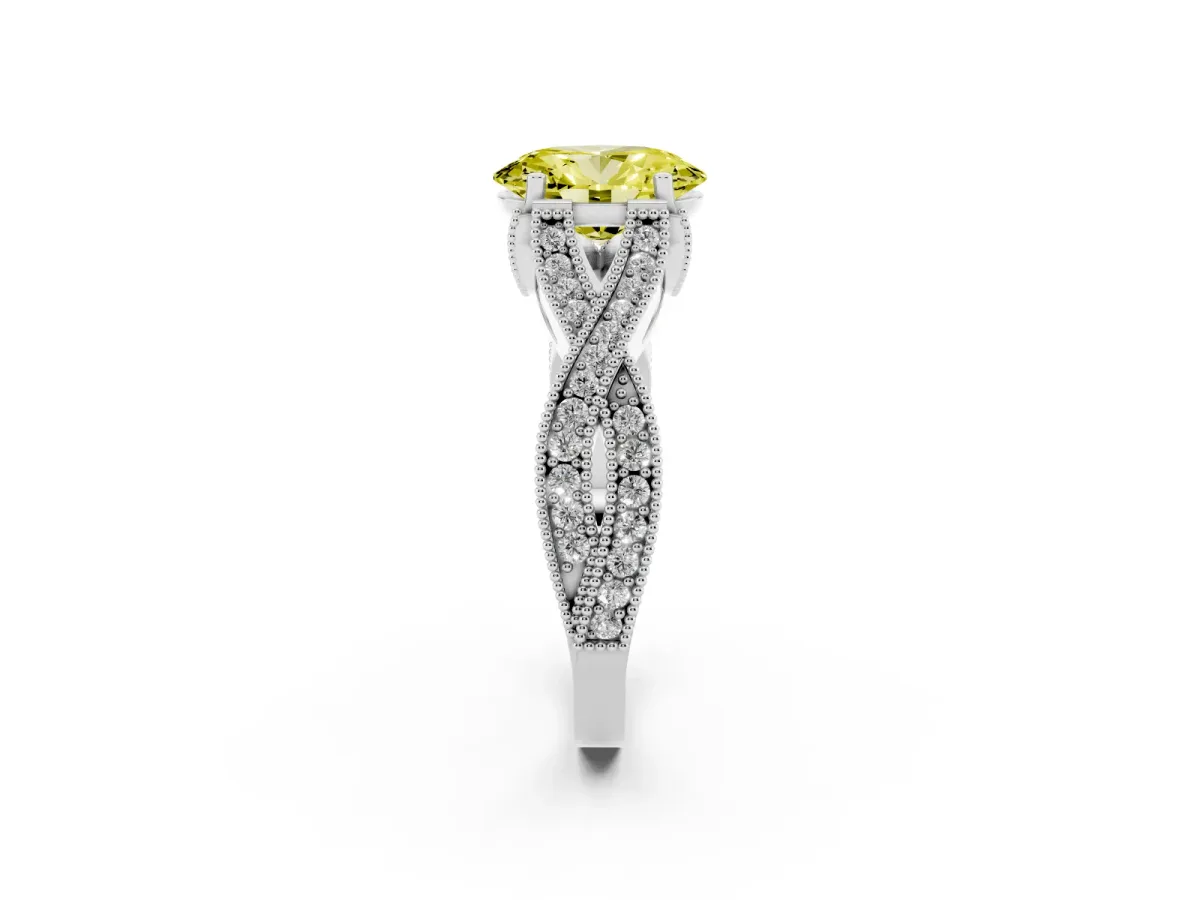 Fancy Yellow Oval Cut Cut Diamond Twisted Band with Milgrain Pave Setting and Four-Prong Setting Silver
