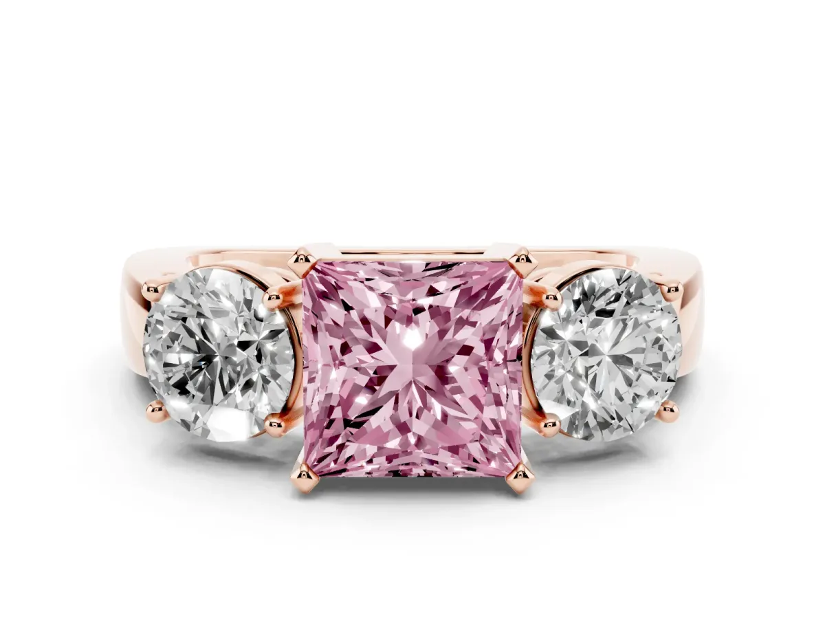 Fancy Pink Three-Stone Princess Cut Diamond Ring with Round Side Stones, Classic Band, and Four-Prong Setting Rose gold