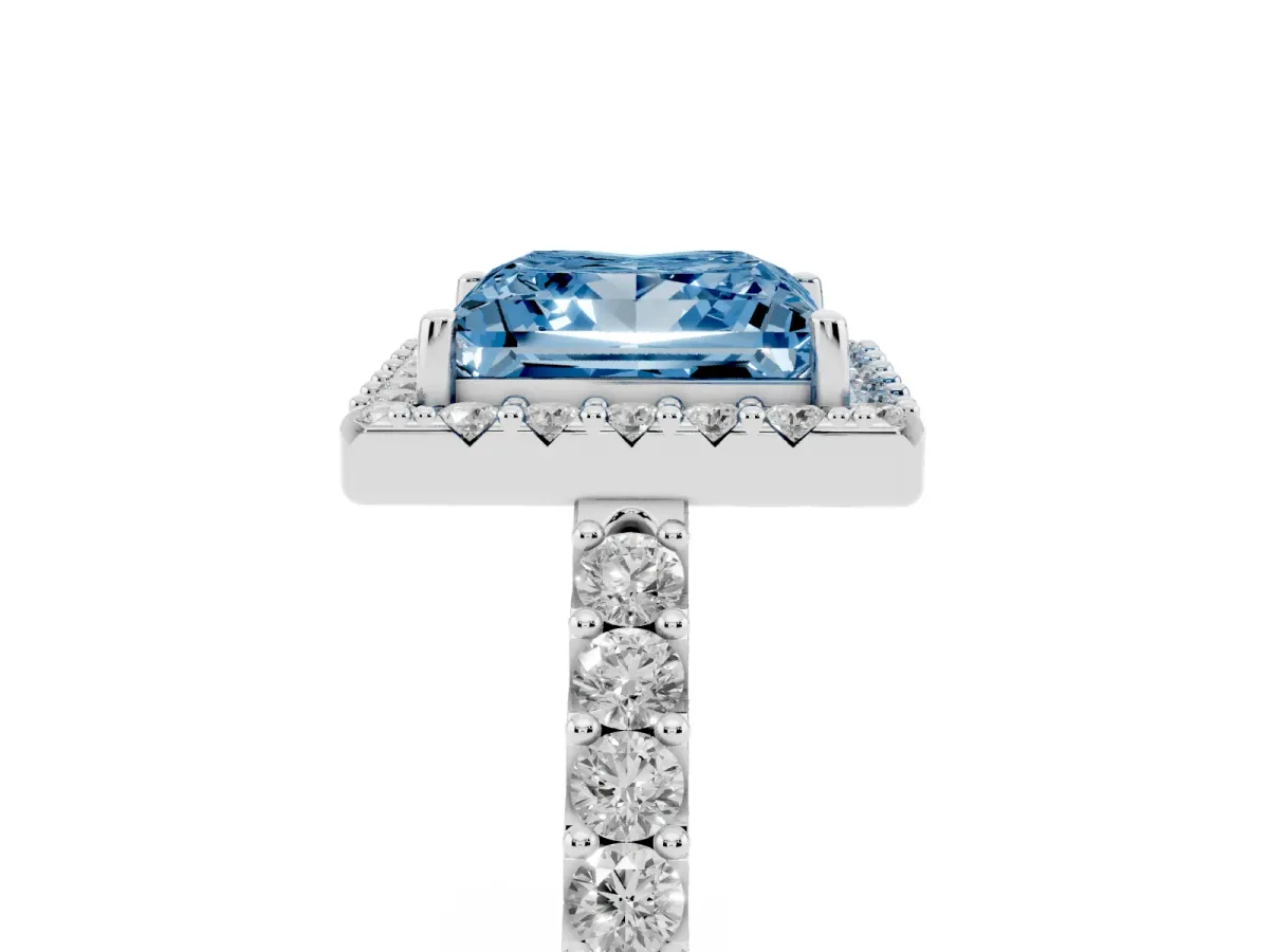 Fancy Blue Princess Cut Halo Diamond Pavé Solitaire Ring Platinum