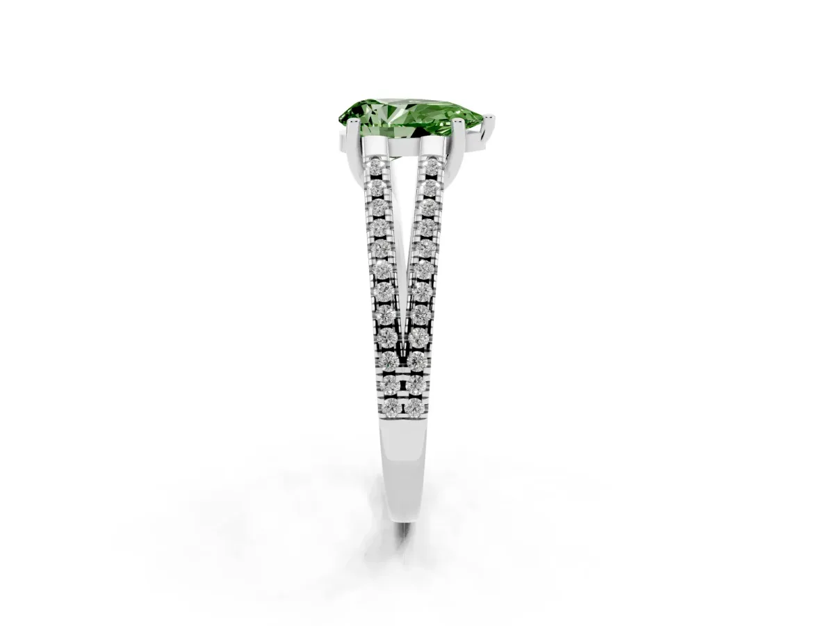 Fancy Green Pear Cut Diamond Solitaire Engagement Ring with Split Shank Pavé Band Platinum