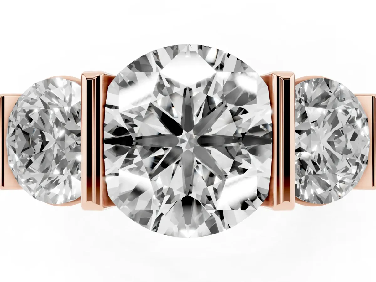 Three-Stone Round Cut Brilliant Diamond Ring with Channel Setting and White Gold Band Rose gold