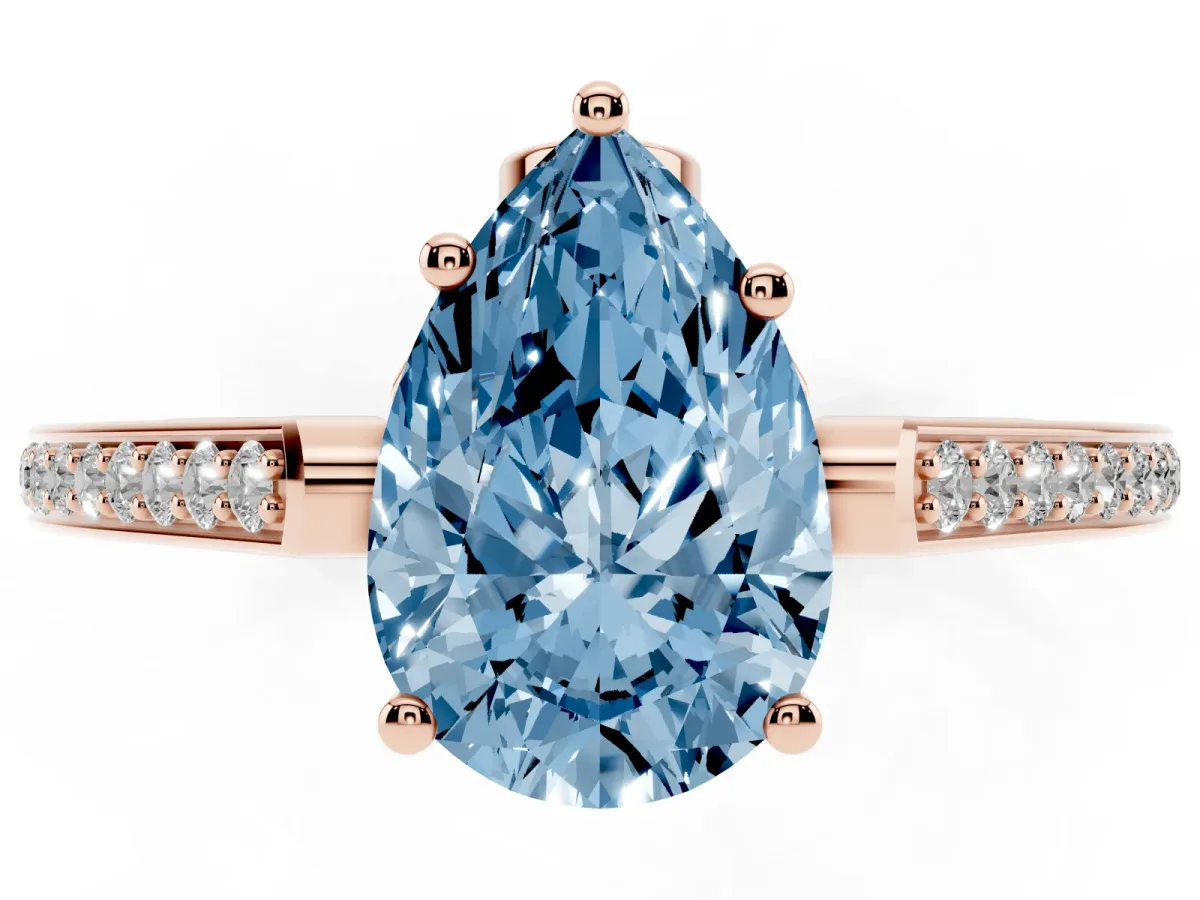 Fancy Blue Pear Cut Cut Cathedral Pave Diamond Engagement Ring with Six-Prong Setting Rose gold