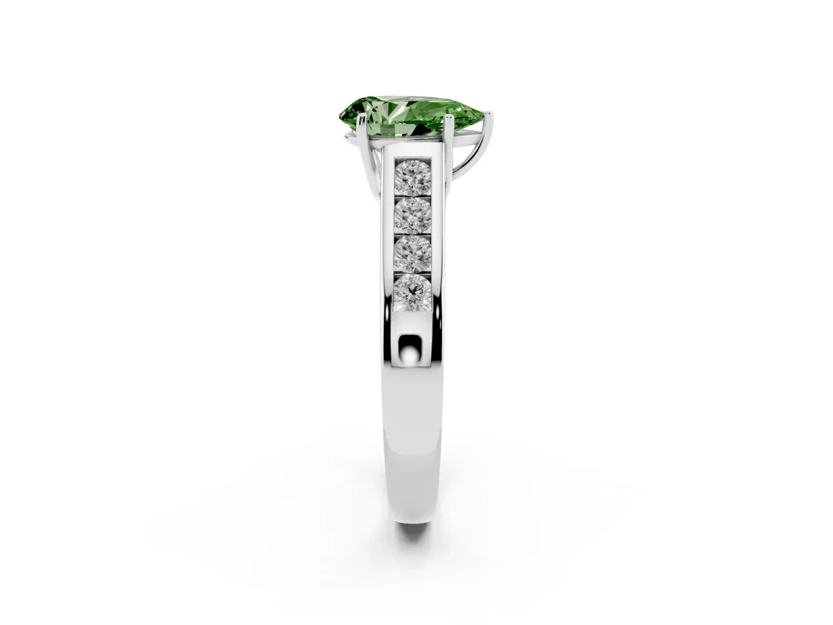 Fancy Green Pear Cut Brilliant Channel-Set Solitaire Ring with Four-Prong Setting Silver