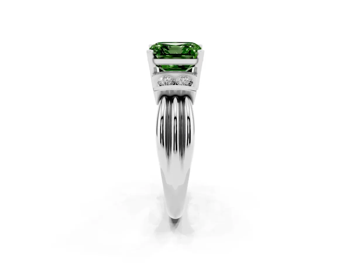 Fancy Green Asscher Cut Cut Three-Stone Channel Set Ring with Bar Prongs Silver