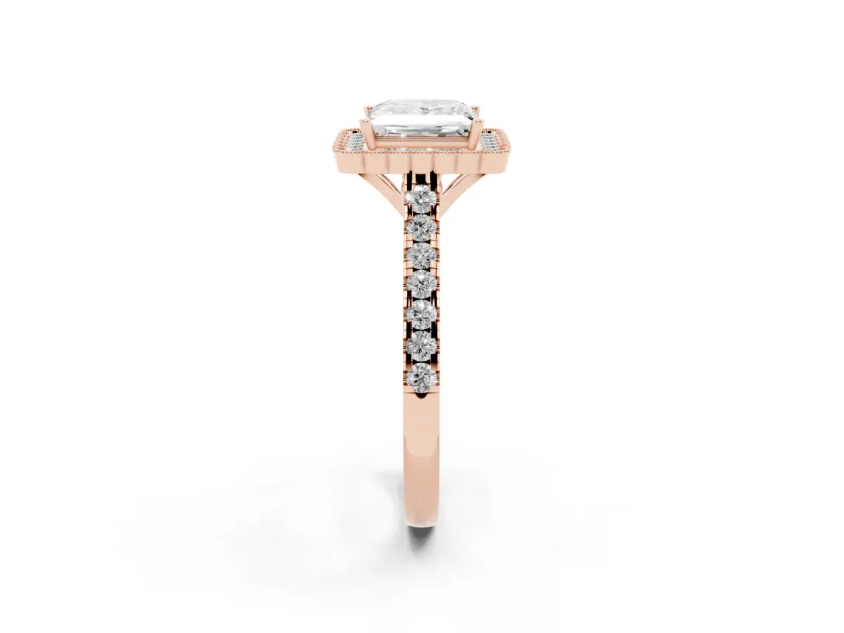 Princess Cut Cut Diamond Milgrain Floral Halo Engagement Ring with Pavé Band Rose gold
