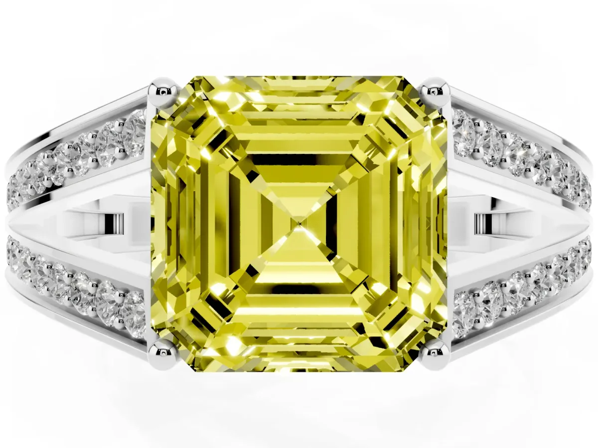 Fancy Yellow Asscher Cut Diamond Split Shank Ring with Pavé Band and Four-Prong Setting White gold