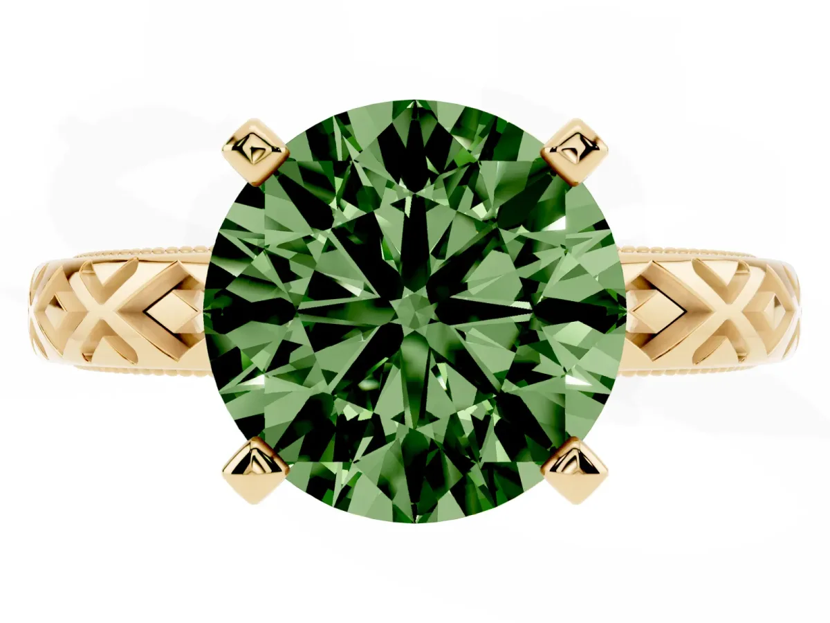 Fancy Green Round Cut Solitaire Diamond Ring with Milgrain and Black Enamel X Pattern Band Yellow gold