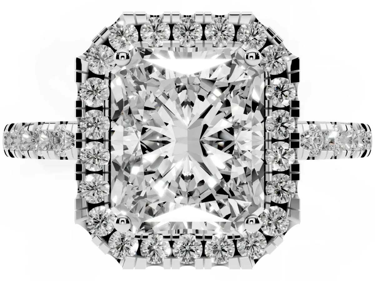 Radiant Cut Halo Diamond Engagement Ring with Pavé Band and Four-Prong Setting Silver
