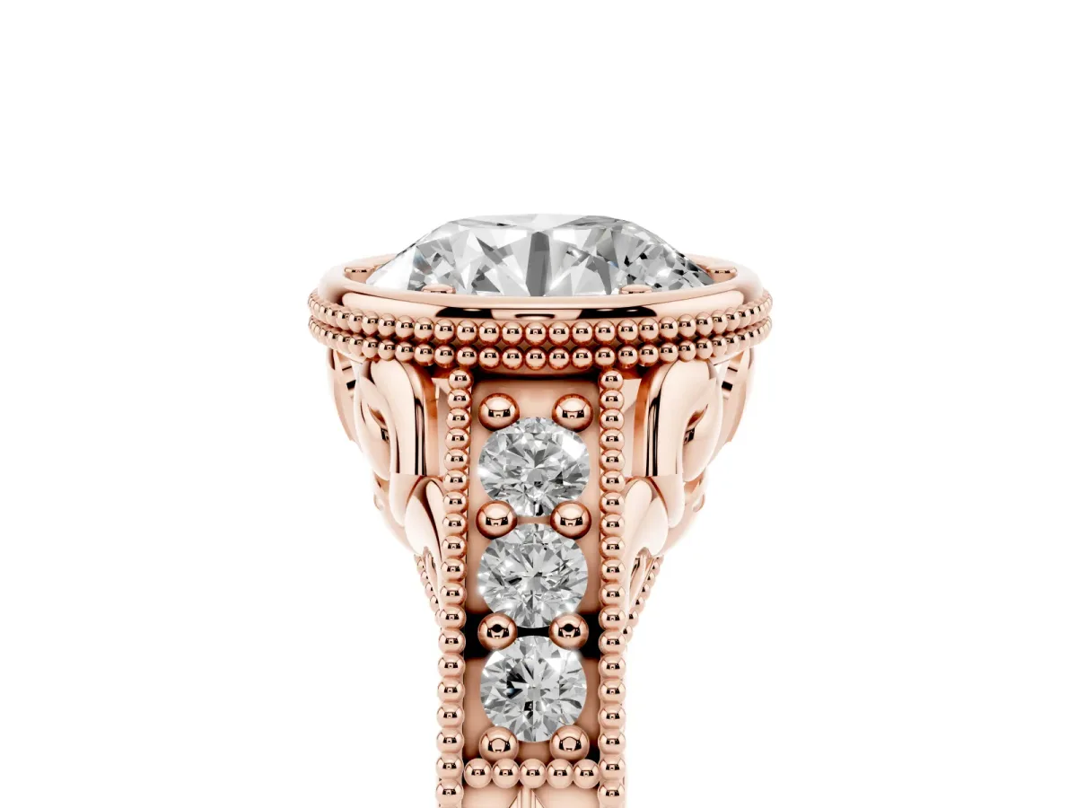 Bezel Set Round Cut Diamond Milgrain Pave Engagement Ring Rose gold