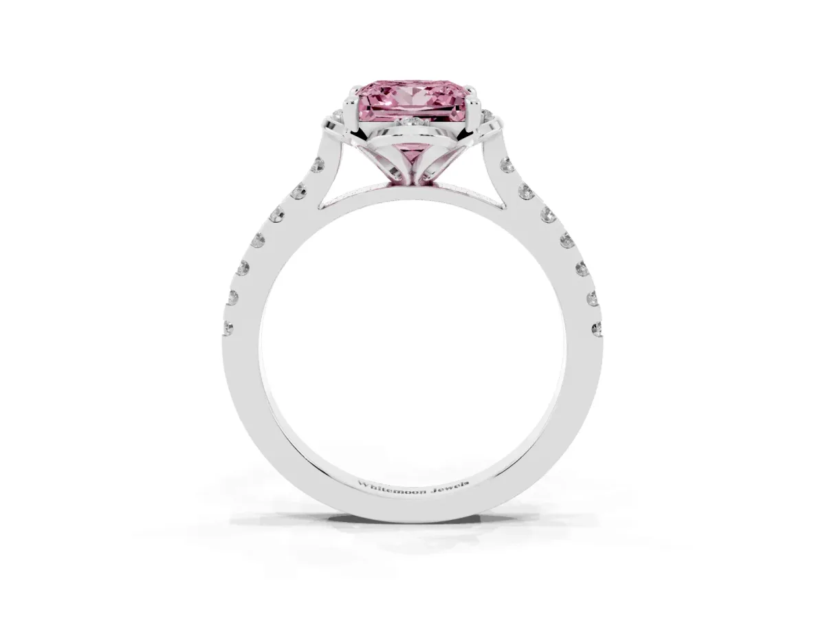 Fancy Pink Princess Cut Diamond Ring with Pavé Band and Floral Prong Setting White gold
