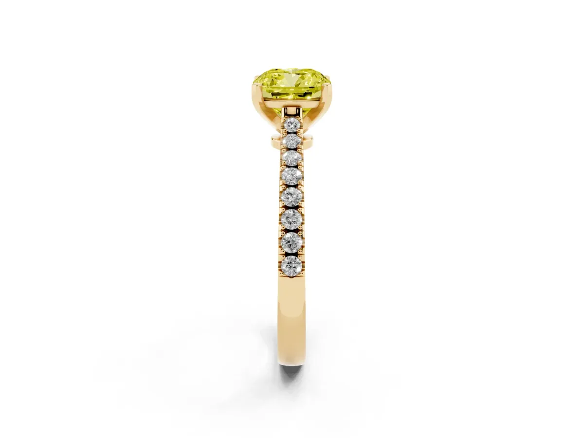 Fancy Yellow Cushion Cut Cut Solitaire Diamond Engagement Ring with Pave Band and Four-Prong Setting Yellow gold
