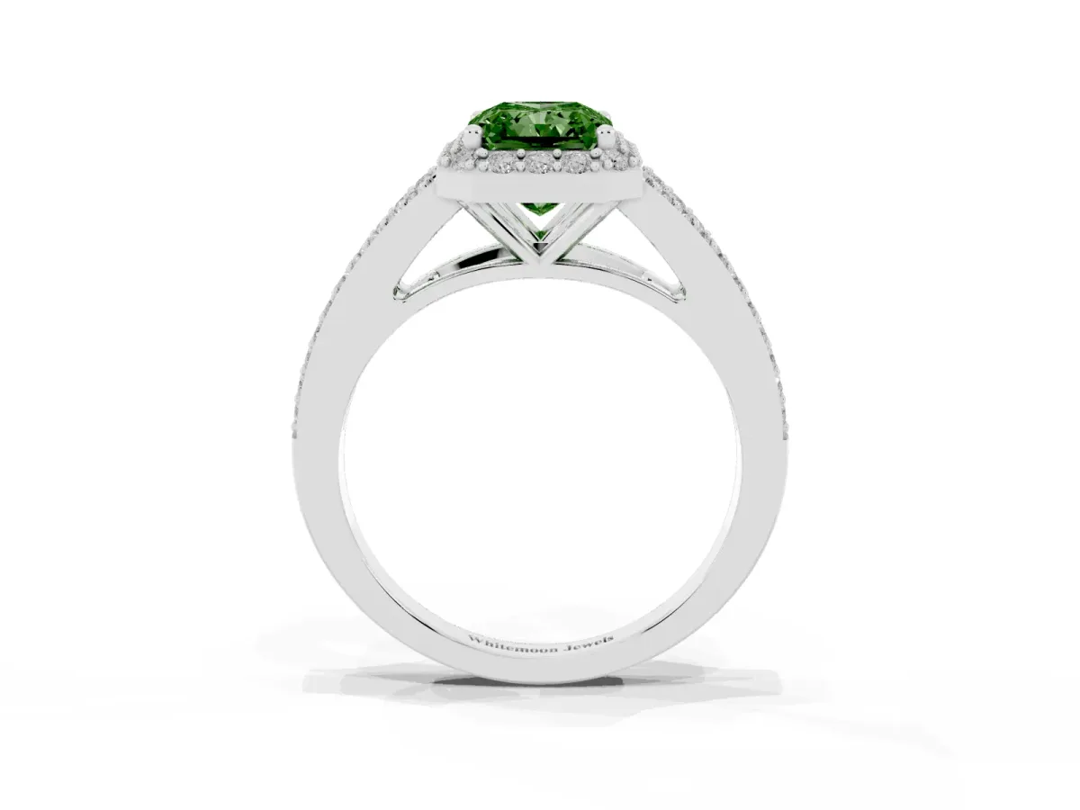Fancy Green Radiant Cut Halo Split Shank Pave Diamond Ring with Four-Prong Setting Platinum
