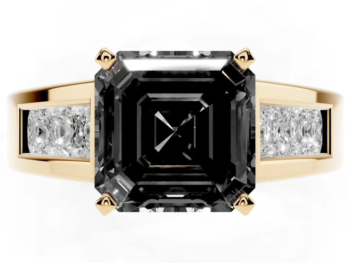 Fancy Black Asscher Cut Cut Channel Set Solitaire Ring with Four-Prong Setting Yellow gold