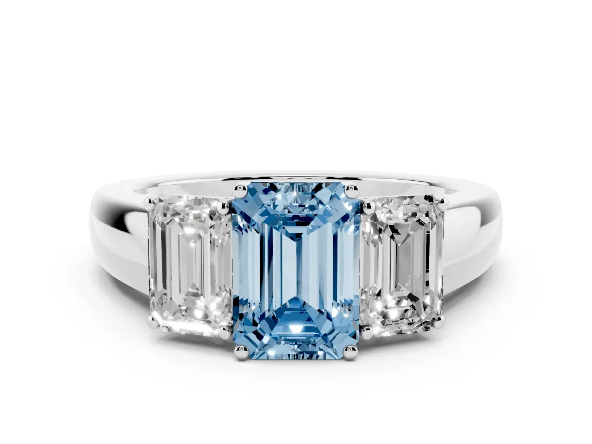 Fancy Blue Three-Stone Emerald Cut Cut Diamond Ring with Prong Setting and Classic Band Silver