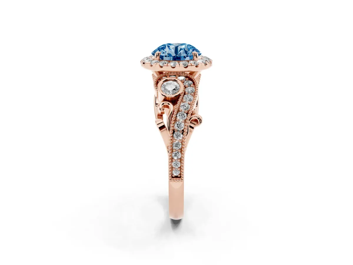 Fancy Blue Round Cut Diamond Halo Ring with Milgrain Pavé Band and Four-Prong Setting Rose gold