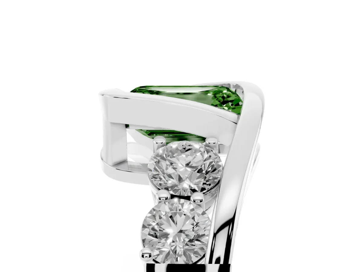 Fancy Green Bezel Set Emerald Cut Diamond Bypass Ring with Round Accents Silver
