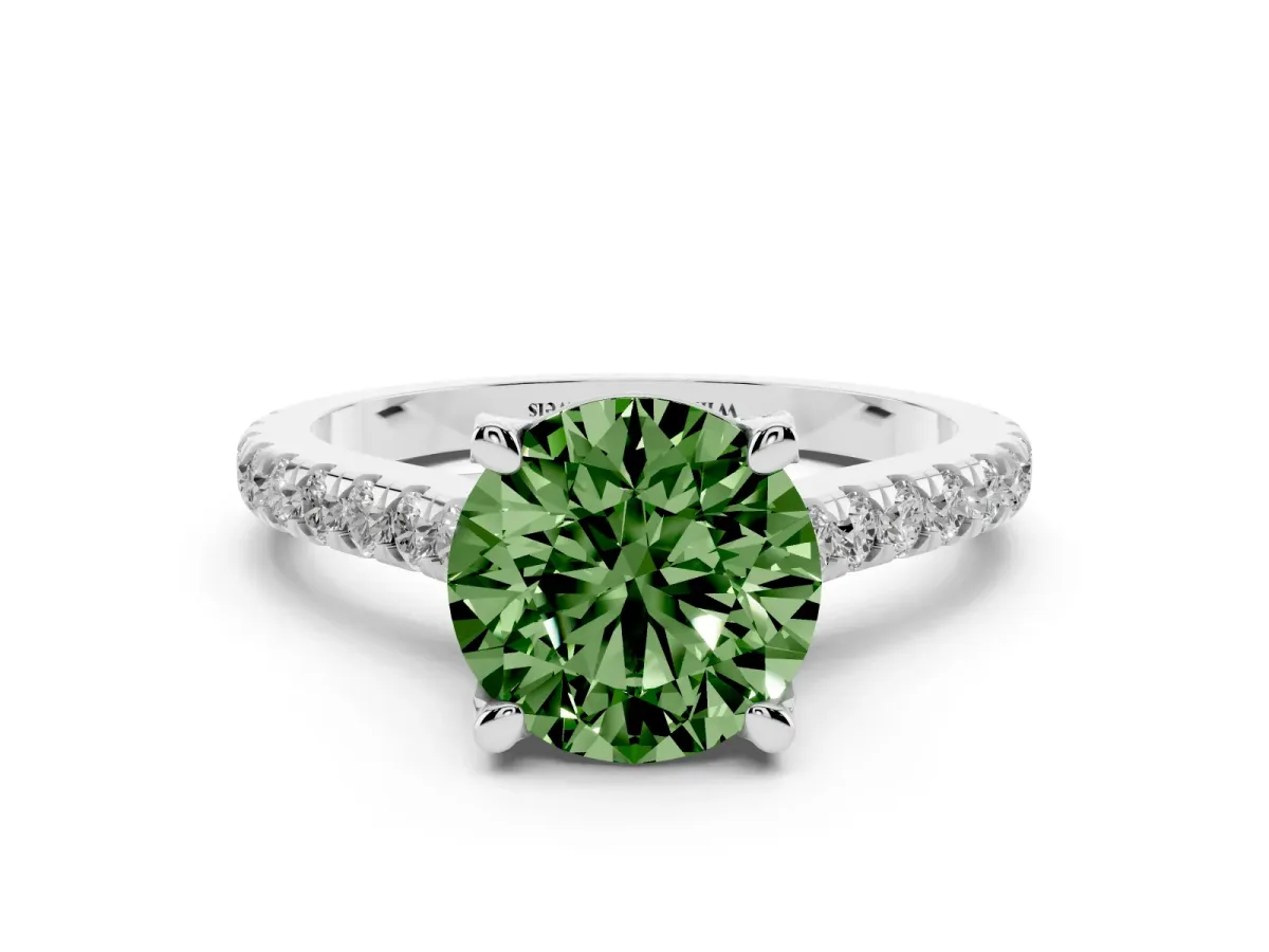 Fancy Green Round Cut Brilliant Diamond Solitaire with Pavé Band and Four-Prong Setting White gold